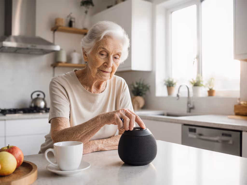 elderly_woman_using_speaker_on_kitchen_counter