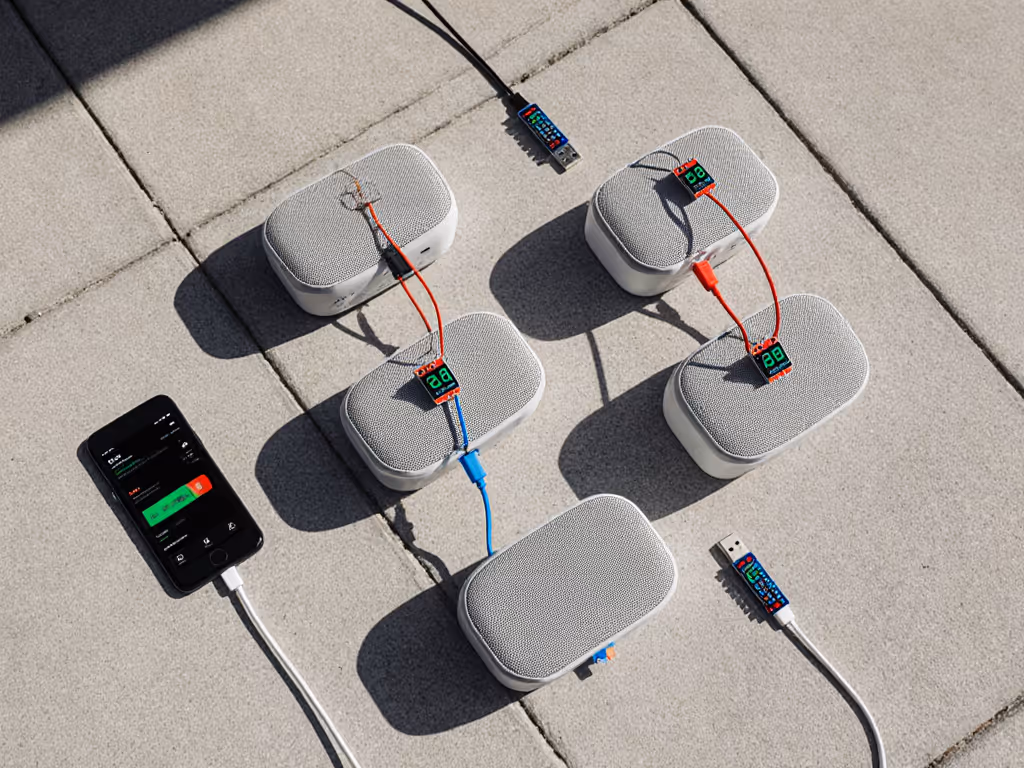 four_speakers_charging_on_patio_with_temperature_sensors_attached