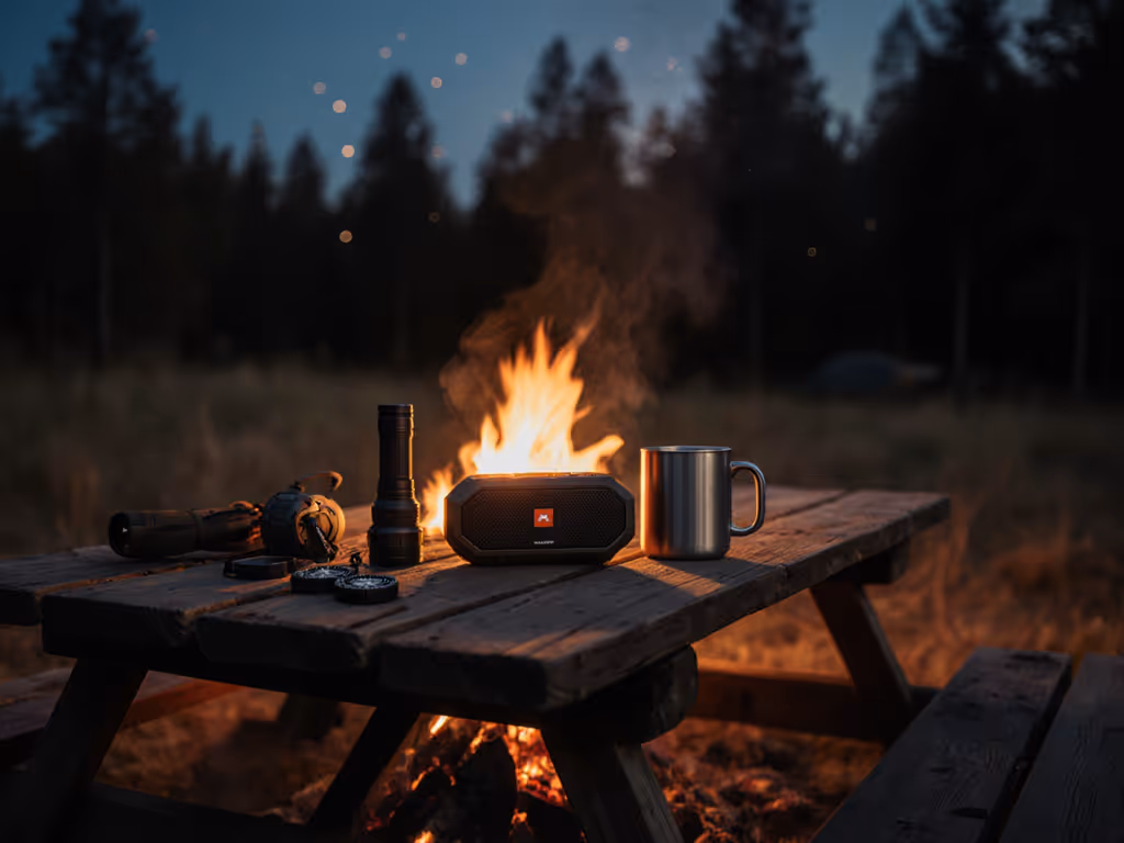 campfire_scene_with_small_rugged_speaker_on_table